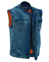 CONCEALED SNAP CLOSURE, OLD SCHOOL HEAVY DENIM, SCOOP COLLAR & HIDDEN ZIPPER VEST Jimmy Lee Leathers Club Vest