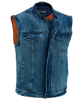 CONCEALED SNAP CLOSURE, OLD SCHOOL HEAVY DENIM, SCOOP COLLAR & HIDDEN ZIPPER VEST Jimmy Lee Leathers Club Vest