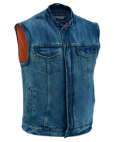 CONCEALED SNAP CLOSURE, OLD SCHOOL HEAVY DENIM, SCOOP COLLAR & HIDDEN ZIPPER VEST Jimmy Lee Leathers Club Vest