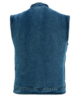 CONCEALED SNAP CLOSURE, OLD SCHOOL HEAVY DENIM, SCOOP COLLAR & HIDDEN ZIPPER VEST Jimmy Lee Leathers Club Vest