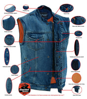 CONCEALED SNAP CLOSURE, OLD SCHOOL HEAVY DENIM, SCOOP COLLAR & HIDDEN ZIPPER VEST Jimmy Lee Leathers Club Vest