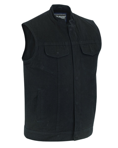 CONCEALED SNAP CLOSURE, OLD SCHOOL HEAVY DENIM, SCOOP COLLAR & HIDDEN ZIPPER VEST Jimmy Lee Leathers Club Vest