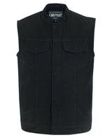 CONCEALED SNAP CLOSURE, OLD SCHOOL HEAVY DENIM, SCOOP COLLAR & HIDDEN ZIPPER VEST Jimmy Lee Leathers Club Vest