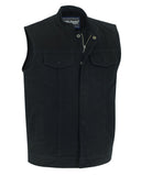 CONCEALED SNAP CLOSURE, OLD SCHOOL HEAVY DENIM, SCOOP COLLAR & HIDDEN ZIPPER VEST Jimmy Lee Leathers Club Vest