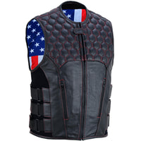 Patriot Wheels Bullet Proof Style Leather Motorcycle Biker Vest w/ USA Flas & Red trim