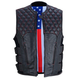 Patriot Wheels Bullet Proof Style Leather Motorcycle Biker Vest w/ USA Flas & Red trim