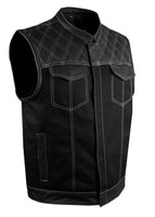 Jimmy Lee Leathers Mens Black Vest Diamond Design leather over denim white stitching Jimmy Lee Leathers Club Vest