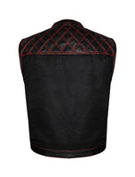 Jimmy Lee Leathers Mens Denim & Leather Motorcycle Club Vest Red Thread Diamond Padding Jimmy Lee Leathers Club Vest