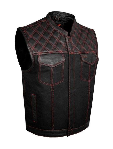 Jimmy Lee Leathers Mens Denim & Leather Motorcycle Club Vest Red Thread Diamond Padding Jimmy Lee Leathers Club Vest