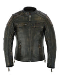 Ladies Retro Brown Premium Naked Cowhide Leather Racer Jacket Conceal Pockets Jimmy Lee Leathers Club Vest