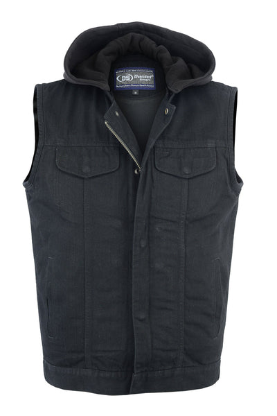 MEN'S BLACK DENIM SINGLE BACK PANEL CONCEALMENT VEST W/REMOVABLE HOOD Jimmy Lee Leathers Club Vest