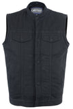 MEN'S BLACK DENIM SINGLE BACK PANEL CONCEALMENT VEST W/REMOVABLE HOOD Jimmy Lee Leathers Club Vest