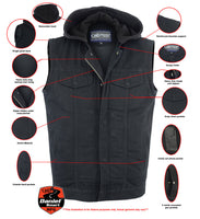 MEN'S BLACK DENIM SINGLE BACK PANEL CONCEALMENT VEST W/REMOVABLE HOOD Jimmy Lee Leathers Club Vest