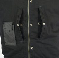 MEN'S BLACK DENIM SINGLE BACK PANEL CONCEALMENT VEST W/REMOVABLE HOOD Jimmy Lee Leathers Club Vest