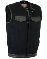 MEN'S BLACK DENIM SINGLE PANEL CCW VEST W/LEATHER TRIM- W/O COLLAR Jimmy Lee Leathers Club Vest