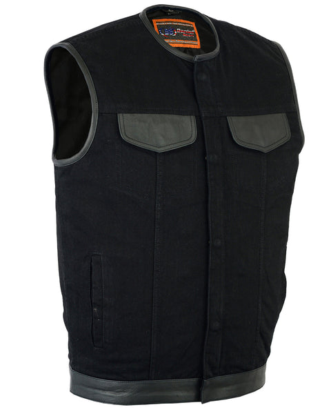 MEN'S BLACK DENIM SINGLE PANEL CCW VEST W/LEATHER TRIM- W/O COLLAR Jimmy Lee Leathers Club Vest