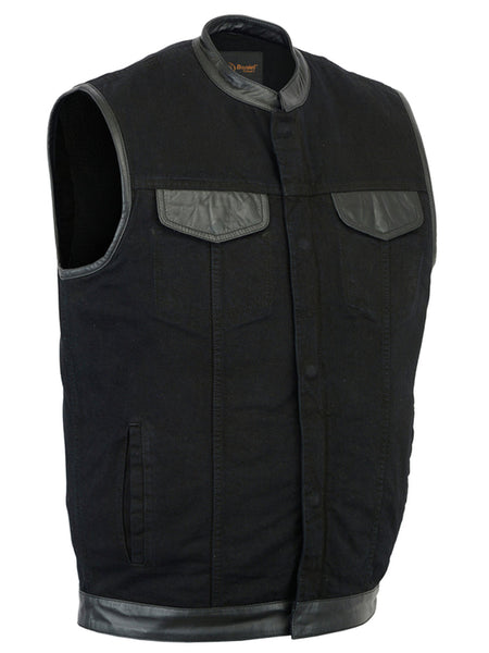 MEN'S BLACK DENIM SINGLE PANEL CONCEALMENT VEST W/ LEATHER TRIM Jimmy Lee Leathers Club Vest