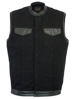 MEN'S BLACK DENIM SINGLE PANEL CONCEALMENT VEST W/ LEATHER TRIM Jimmy Lee Leathers Club Vest