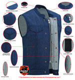 MEN’S BLUE ROUGH RUB-OFF RAW FINISH DENIM VEST NO LINER Jimmy Lee Leathers Club Vest