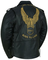 MEN'S EAGLE EMBOSSED LIVE TO RIDE - RIDE TO LIVE CLASSIC BLACK LEATHER S-8X Jimmy Lee Leathers Club Vest