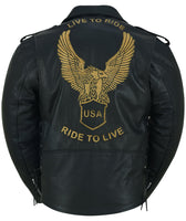 MEN'S EAGLE EMBOSSED LIVE TO RIDE - RIDE TO LIVE CLASSIC BLACK LEATHER S-8X Jimmy Lee Leathers Club Vest