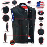 MEN’S LEATHER VEST WITH RED STITCHING AND USA INSIDE FLAG LINING Jimmy Lee Leathers Club Vest