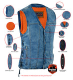 MEN'S SINGLE BACK PANEL CONCEALED CARRY DENIM VEST Jimmy Lee Leathers Club Vest