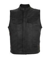 Mens Premium Leather Motorcycle Vest Black Liner w/ Zipper & Snaps plus side zippers