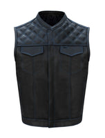 Mens Black Club Vest Diamond Design Blue Thread Premium Cowhide Leather