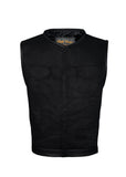 Men's Black Denim Dual CCW Pocket Motorcycle MC Vest Leather Trim by Club Vest Jimmy Lee Leathers Club Vest