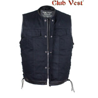 Men's Black Denim Dual Concealed Carry Side Lace Motorcycle MC Vest By Club Vest Jimmy Lee Leathers Club Vest