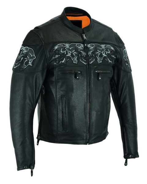 Men's Concealed Carry Leather Motorcycle Jacket with Reflective Skulls by Jimmy Lee Jimmy Lee Leathers Club Vest