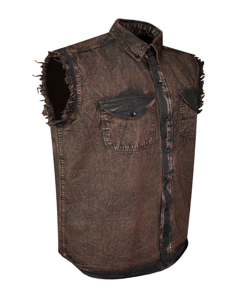 Mens Biker Cut off Cotton Shirt Stonewash Chocolate Brown Jimmy Lee Leathers Club Vest