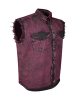 Mens Biker Cut off Sleeve Cotton Shirt Stonewash Burgundy Jimmy Lee Leathers Club Vest