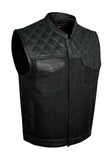 Mens Black Club Vest Diamond Design Green Thread Leather & Denim by Jimmy Lee Jimmy Lee Leathers Club Vest