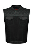 Mens Black Club Vest Diamond Design Green Thread Leather & Denim by Jimmy Lee Jimmy Lee Leathers Club Vest