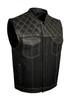 Mens Black Club Vest Diamond Design Yellow Thread Leather & Denim by Jimmy Lee Jimmy Lee Leathers Club Vest