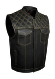 Mens Black Club Vest Diamond Design Yellow Thread Leather & Denim by Jimmy Lee Jimmy Lee Leathers Club Vest