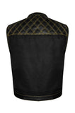 Mens Black Club Vest Diamond Design Yellow Thread Leather & Denim by Jimmy Lee Jimmy Lee Leathers Club Vest