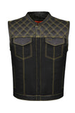 Mens Black Club Vest Diamond Design Yellow Thread Leather & Denim by Jimmy Lee Jimmy Lee Leathers Club Vest