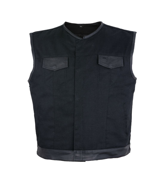 Mens Black Denim Biker Vest With Leather Trims & Front Zipper by Jimmy Lee Leathers Jimmy Lee Leathers Club Vest