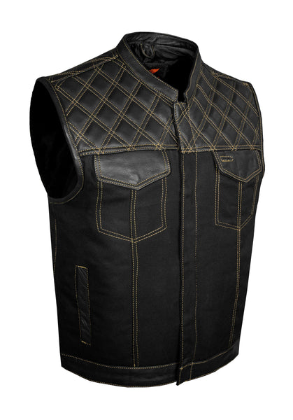 Mens Black Vest Diamond Design Gold Thread Denim by Jimmy Lee Leathers Jimmy Lee Leathers Club Vest