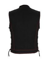 Mens Motorcycle Club Vest Black Denim CCW Side Laces Red Thread Red Liner by Jimmy Lee Leathers Jimmy Lee Leathers Club Vest