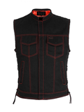 Mens Motorcycle Club Vest Black Denim CCW Side Laces Red Thread Red Liner by Jimmy Lee Leathers Jimmy Lee Leathers Club Vest