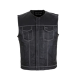 Mens Premium Leather Motorcycle Club Vest Double White Thread No Collar by Jimmy Lee Jimmy Lee Leathers Club Vest