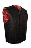 Mens SOA Vest Red Thread Club Vest, Conceal Carry Pockets, Red Paisley Lining no collar Jimmy Lee Leathers Club Vest