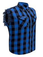 Men's Sleeveless Flannel Shirt Black & Blue Sleek Design Cotton Shirt Frayed Sleeves