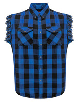 Men's Sleeveless Flannel Shirt Black & Blue Sleek Design Cotton Shirt Frayed Sleeves