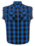 Men's Sleeveless Flannel Shirt Black & Blue Sleek Design Cotton Shirt Frayed Sleeves