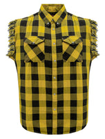 Men's Sleeveless Flannel Shirt Black & Yellow Sleek Design Cotton Shirt Frayed Sleeves